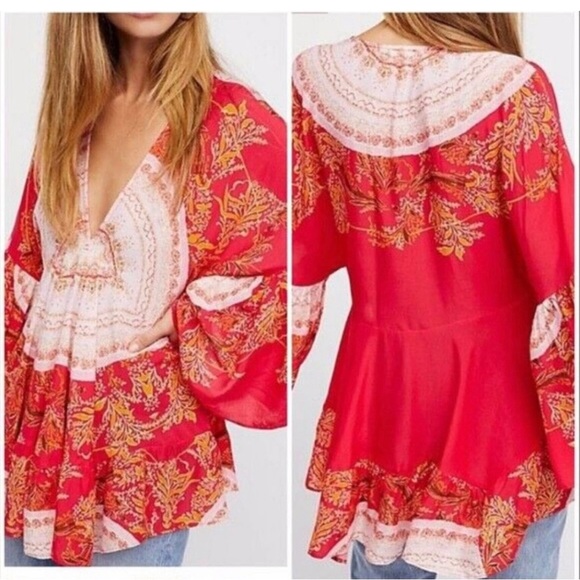 Free People Sunset Dreams Printed V Neck Ruffle Bell
Sleeve Tunic - Top Size S - Picture 2 of 8